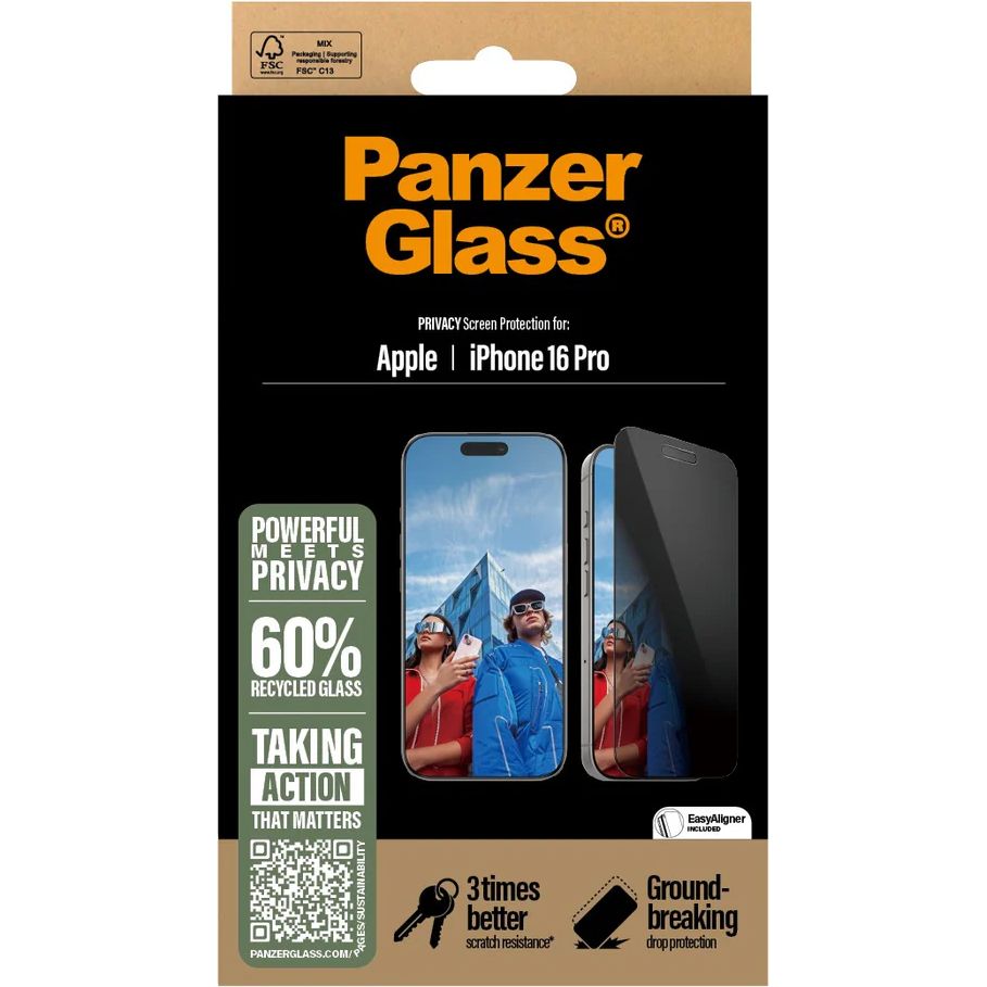 Szkło hartowane na cały ekran PanzerGlass Ultra-Wide Fit Privacy + EasyAligner do iPhone 16 Pro, przyciemniane z czarną ramką